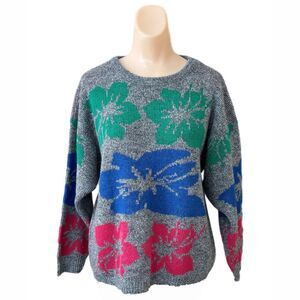 Kate Collins Womens Y2K Sweater Medium Floral Made USA 1990s Vintage Colorful